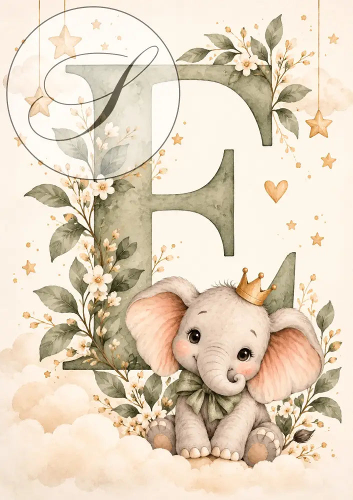 Cadeau naissance déco chambre bébé garçon : affiches éléphant à couronne sur la lune et les nuages