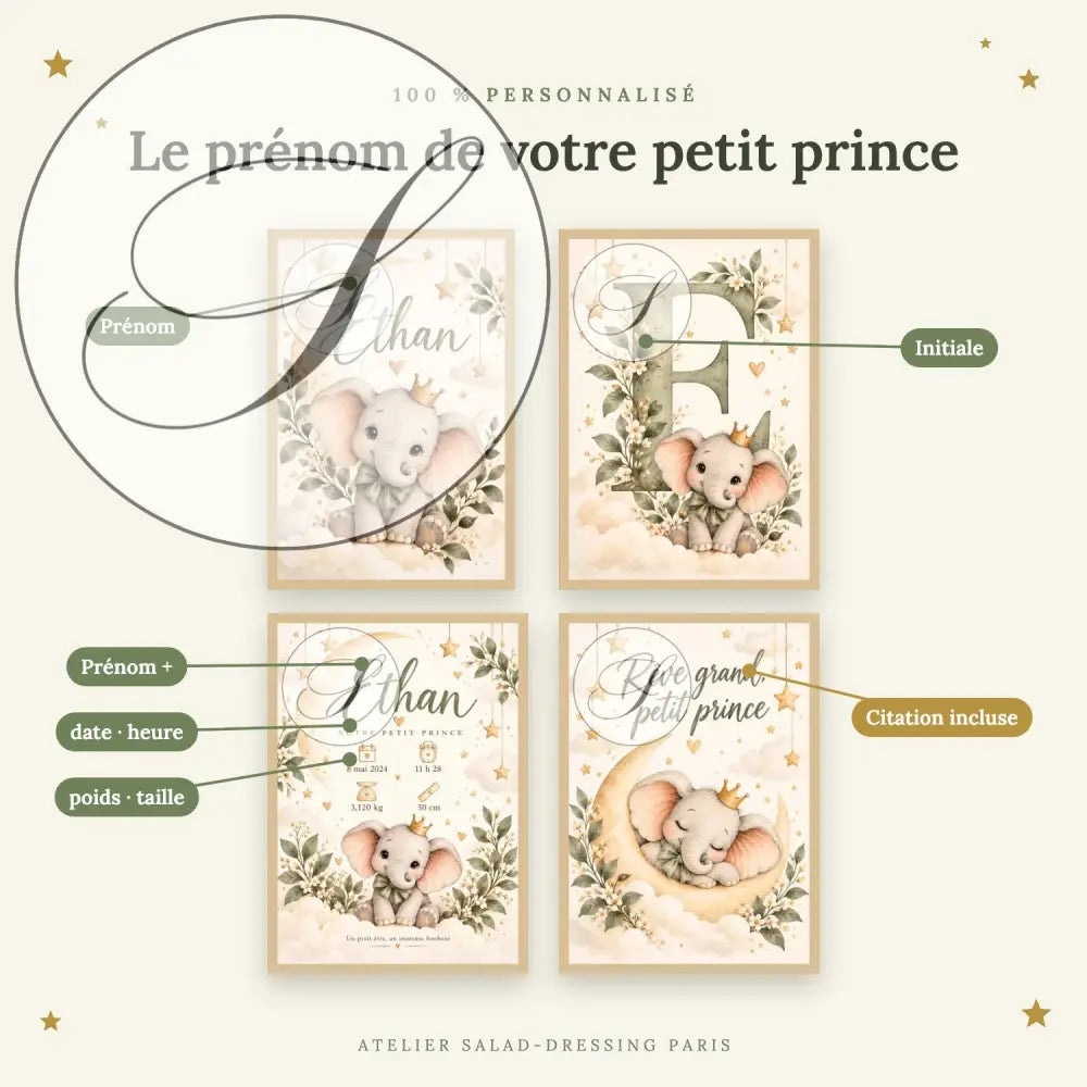 Cadeau naissance garçon personnalisé : prénom, initiale, date, heure, poids et taille sur les 4 affiches éléphant petit prince