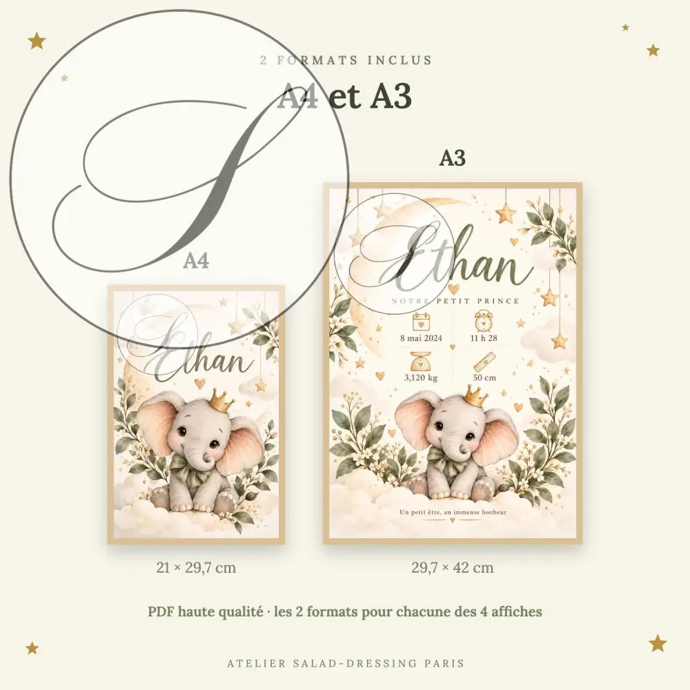 Cadeau naissance à imprimer : affiches éléphant petit prince en format A4 21 x 29,7 cm et A3 29,7 x 42 cm