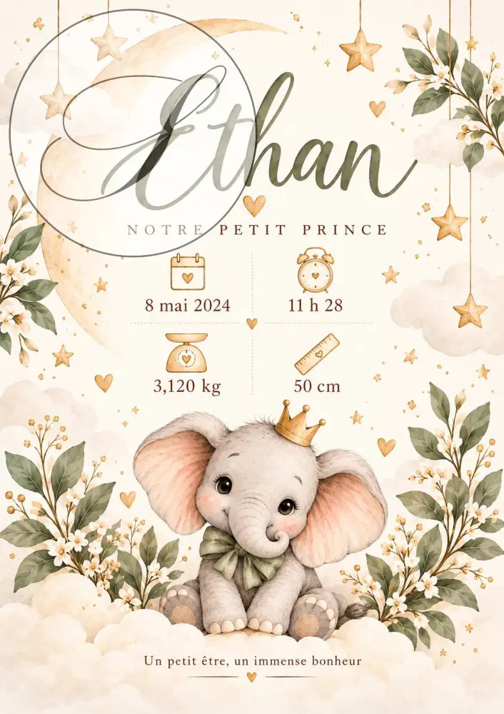 Cadeau naissance original : affiche initiale personnalisée fleurie avec bébé éléphant couronné