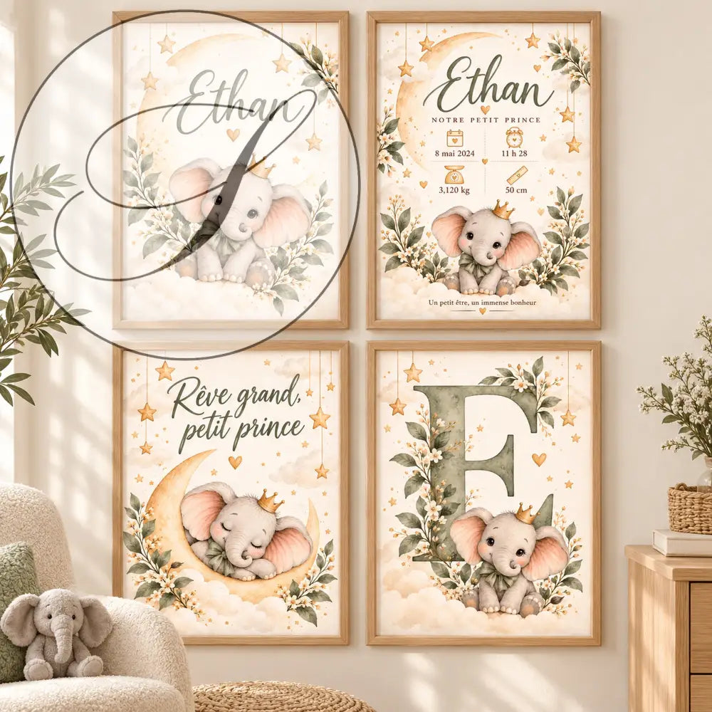 Cadeau naissance pour chambre bébé : mur galerie de 4 affiches éléphant petit prince au prénom