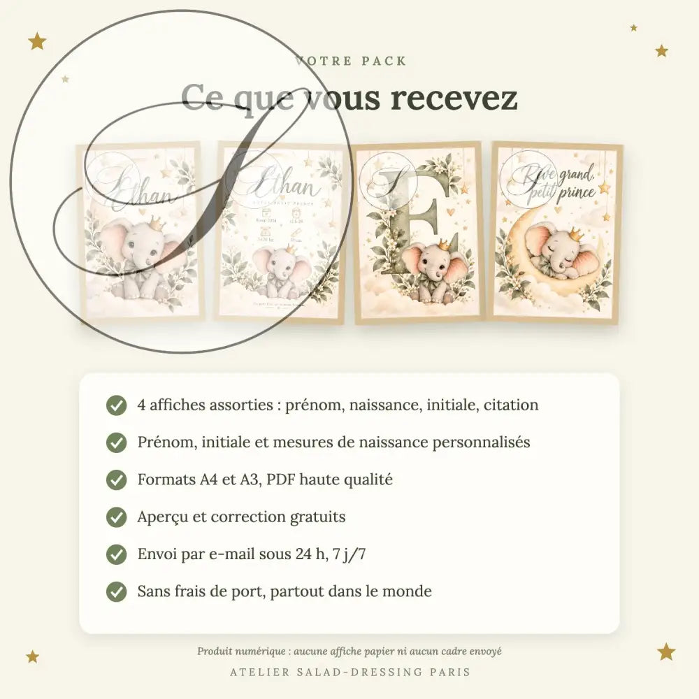 Cadeau naissance garçon : ce que vous recevez, 4 affiches éléphant petit prince personnalisées en A4 et A3 sous 24 h