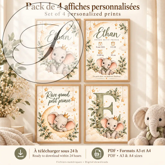 Cadeau naissance garçon : pack de 4 affiches personnalisées éléphant petit prince avec prénom, initiale et citation