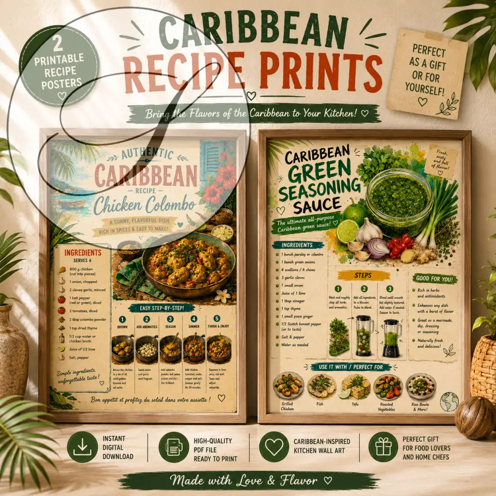 Lot de 2 affiches recettes caribéennes à imprimer avec illustrations colorées poulet colombo et sauce verte détaillées