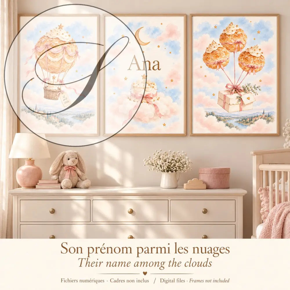 Cadeau naissance original : pack de 3 affiches personnalisées Son prénom parmi les nuages dans une chambre de bébé pastel