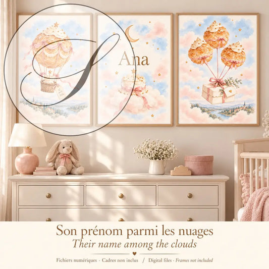 Cadeau naissance original : pack de 3 affiches personnalisées Son prénom parmi les nuages dans une chambre de bébé pastel