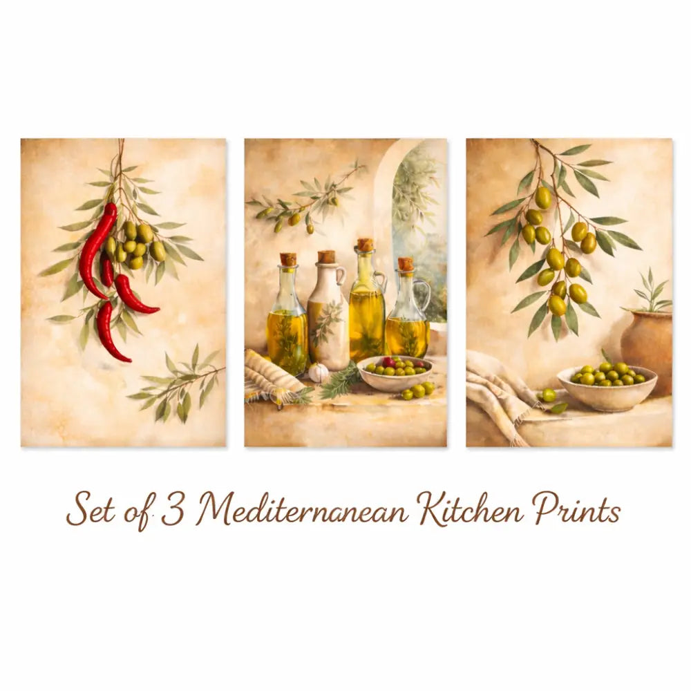 Set de trois affiche cuisine vintage avec branches d’olivier, poivrons rouges et bouteilles d’huile dorée pour cuisine moderne