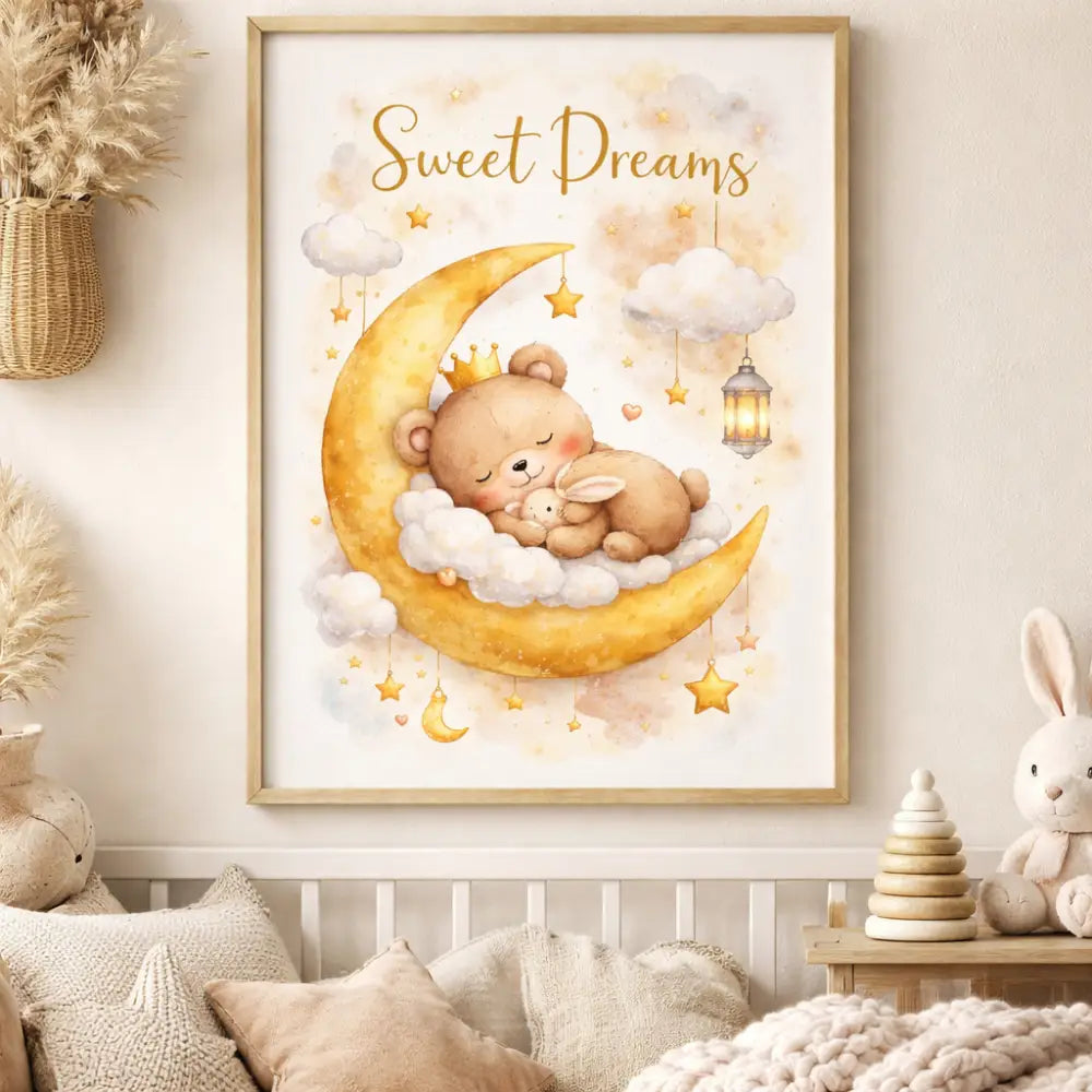 Affiche chambre bébé ours et lune avec ourson endormi couronne lune dorée étoiles et lanternes parfait pour chambre bébé