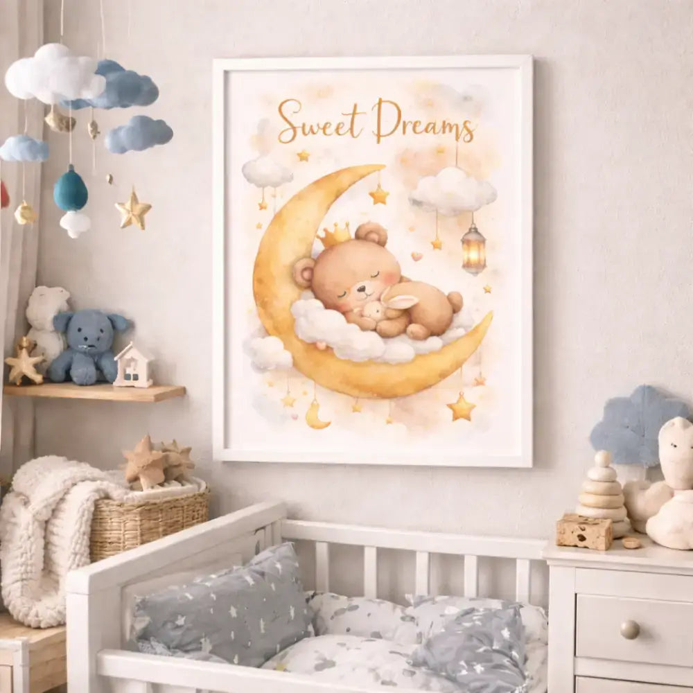 Framed bear moon baby room poster - children's wall decor