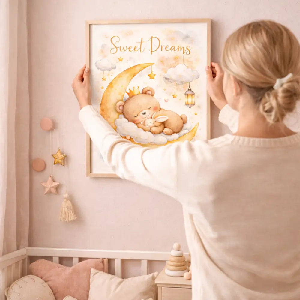 Affiche chambre bébé ours et lune avec impression aquarelle dormeur parfait pour chambre bébé décoration murale