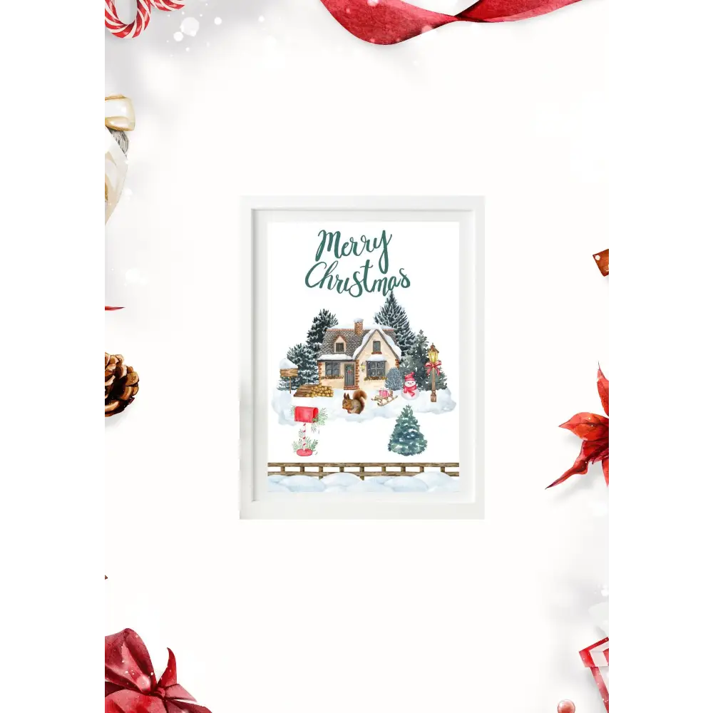 Affiche noël chic et moderne avec poster christmas aquarelle village hivernal et texte merry christmas vert idée cadeau
