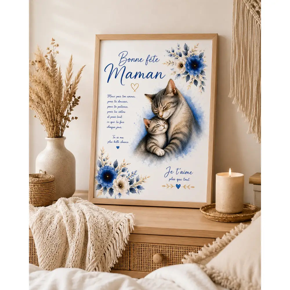 Un cadre print bonne fête maman avec illustration tendre d un chaton gris 