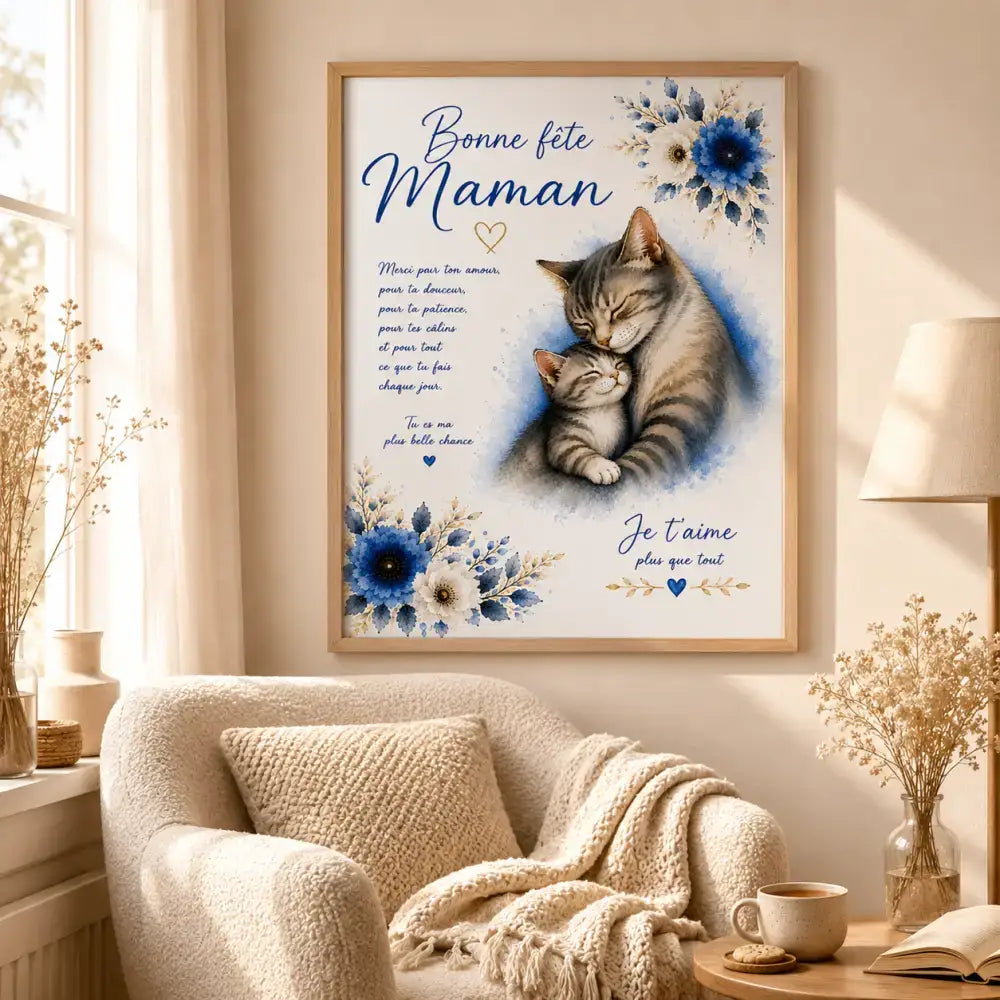 Un poster encadré avec une illustration tendre de deux chats et des motifs floraux bleus célébrant la maternité
