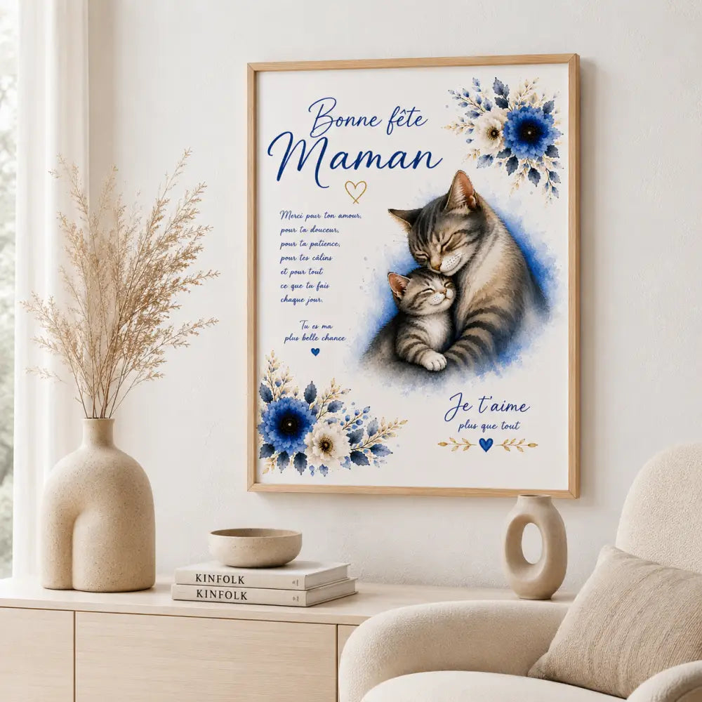 Affiche encadrée ggg avec illustration tendre de deux chats et accents floraux bleus célébrant la maternité en français