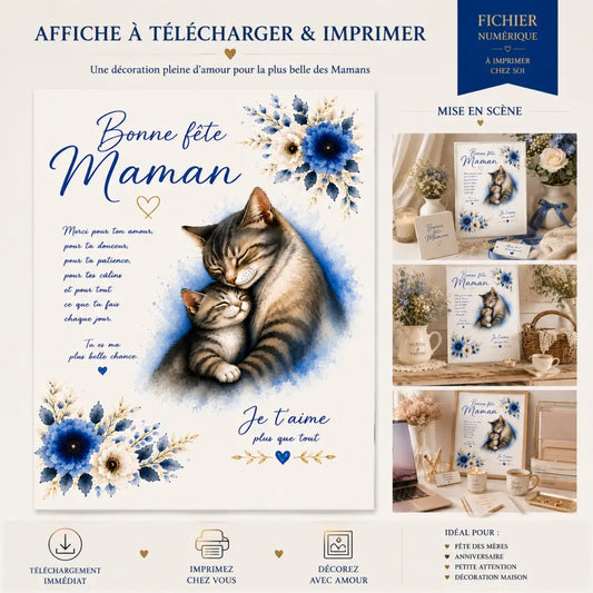 Affiche imprimable style aquarelle bleue et blanche ggg montrant une mère chat 