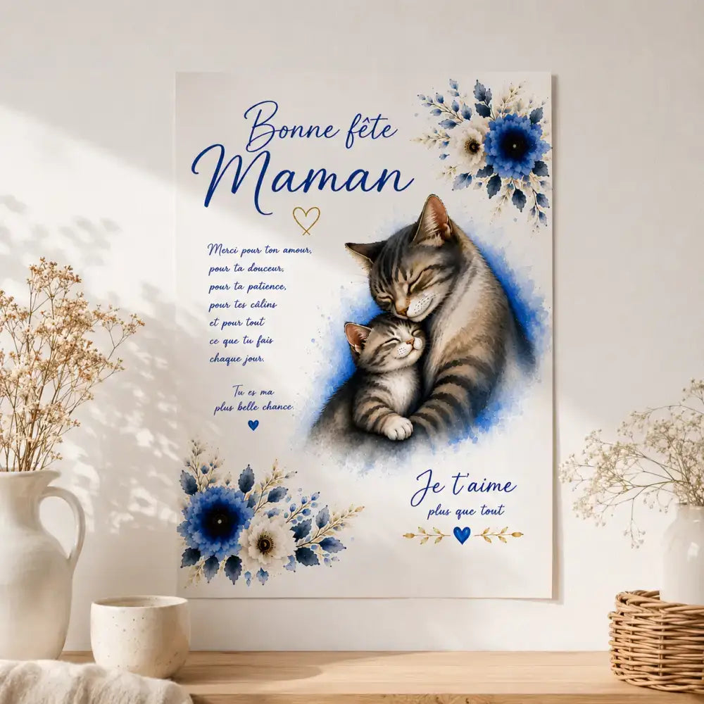 Ilustration douce en aquarelle montrant un chat tabby gris embrassant un chaton avec fleurs bleues et blanches