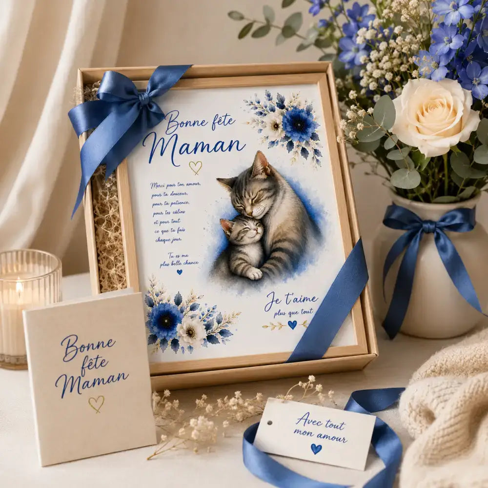 Une illustration encadrée un chat tigré gris embrassant tendrement son chaton avec des accents floraux bleus et blancs