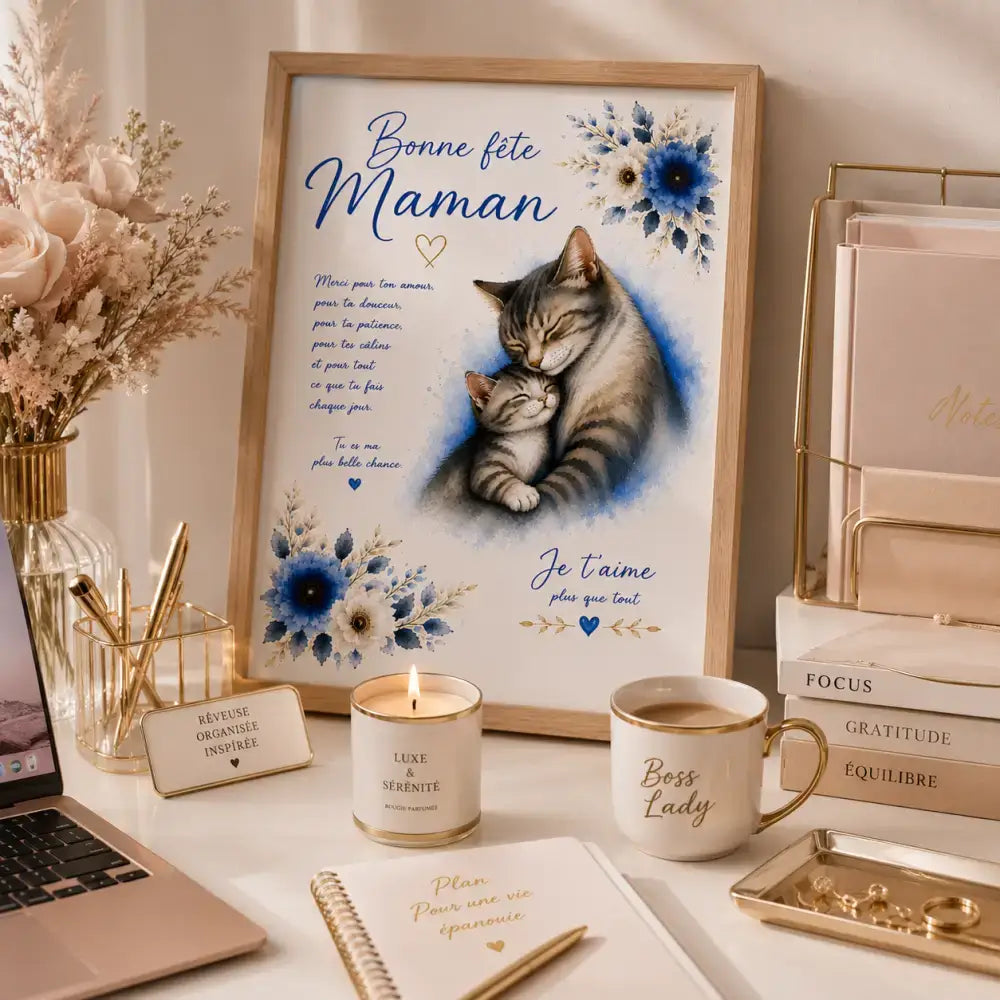 Un cadre avec une illustration tendre de chat tigré gris et chaton entourés de fleurs bleues 