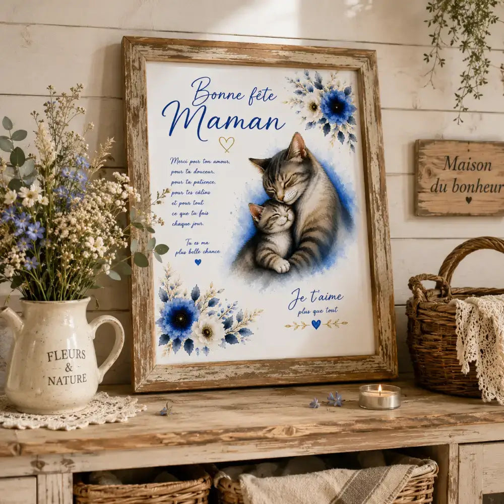 affiche cadre en bois rustique avec illustration de deux chats tigrés et message bonne fête maman