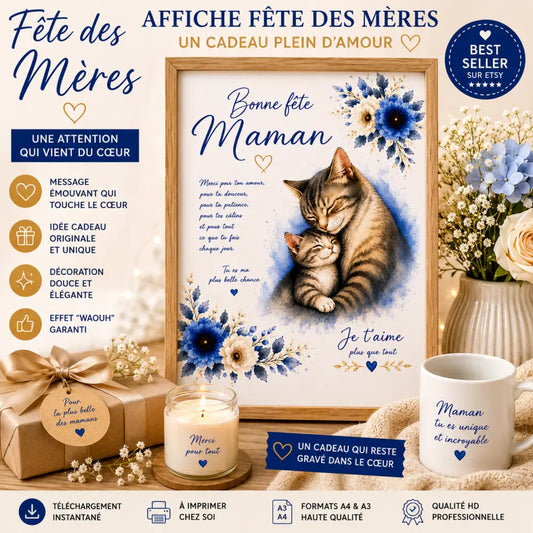 Affiche bonne fête maman imprimable avec illustration tendre d un chat tigré et son chaton entourés de fleurs bleues et blanches