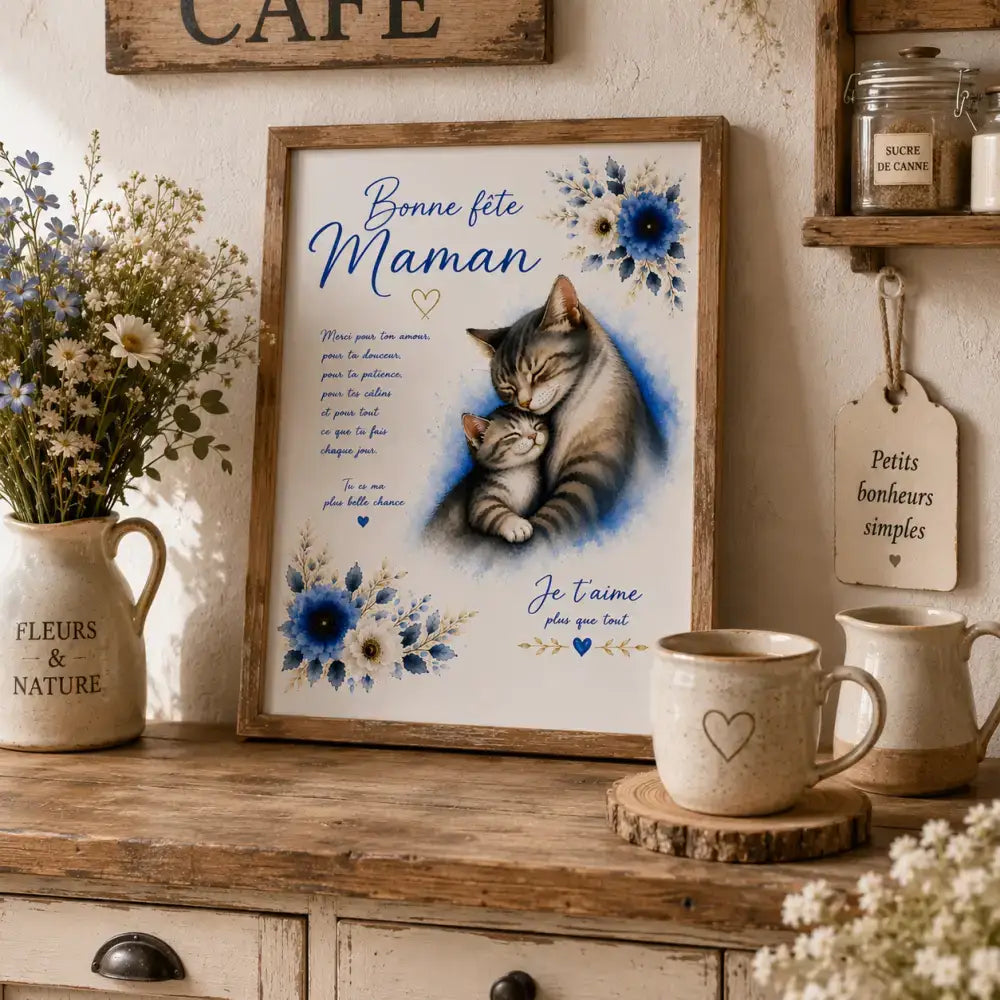  Une illustration aquarelle de chatons tabby et des accents floraux bleus bonne fête maman