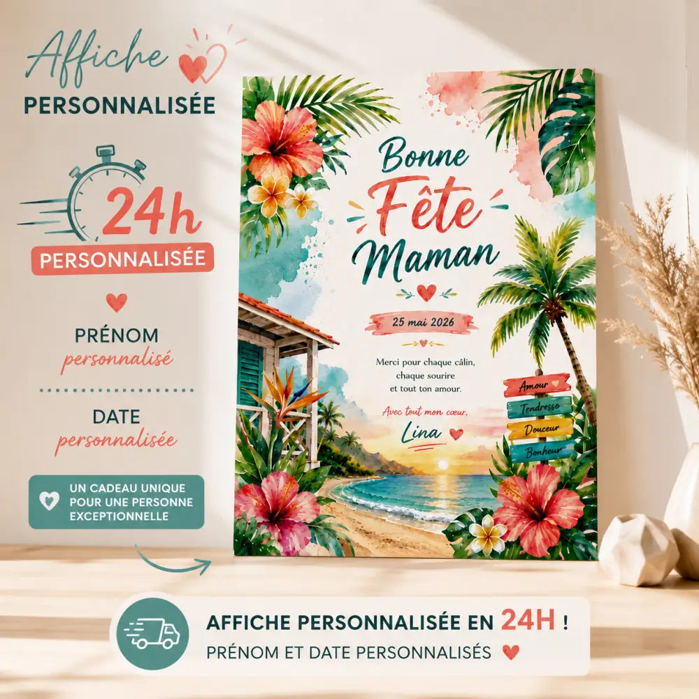 Affiche personnalisée tropicale ff avec fleurs hibiscus roses, feuilles de palmier vertes 