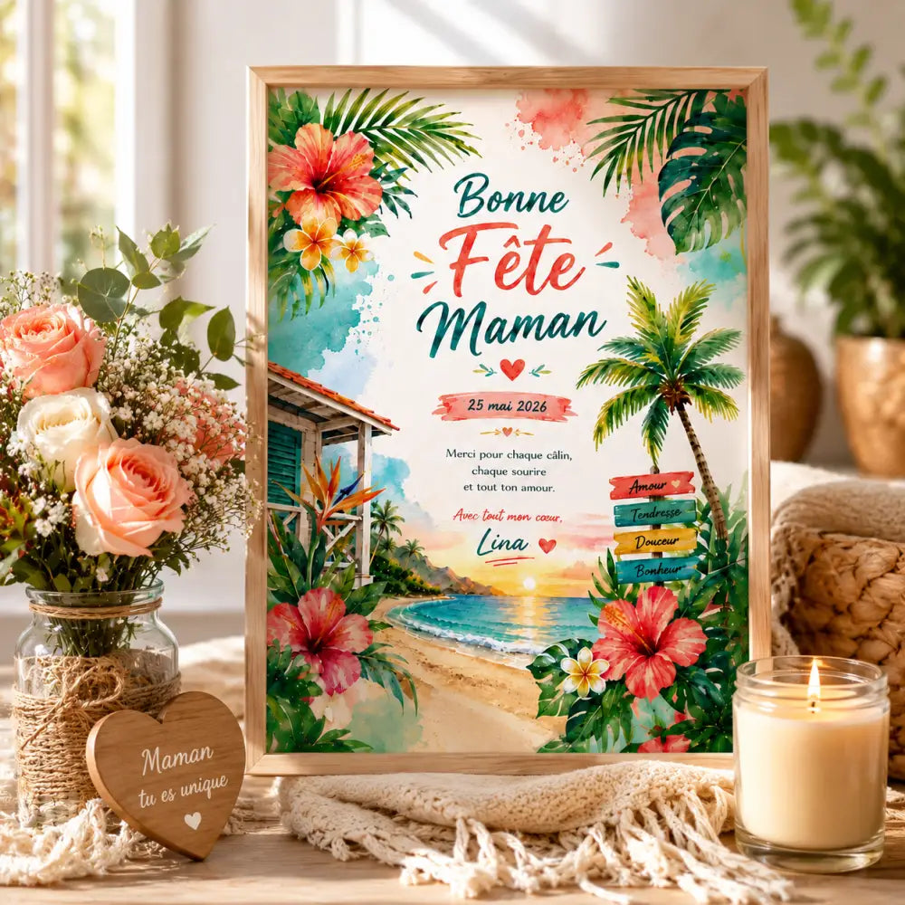 Affiche fête maman personnalisée avec fleurs tropicales et plage en aquarelle pour cadeau fête des mères à imprimer