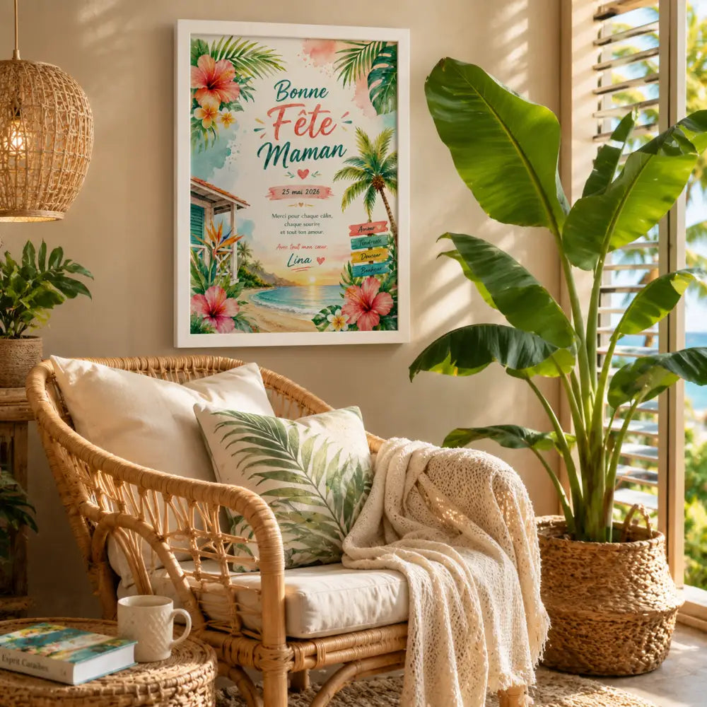 A framed tropical-themed poster with vibrant pink and green hibiscus flowers and bonne fête maman in elegant script