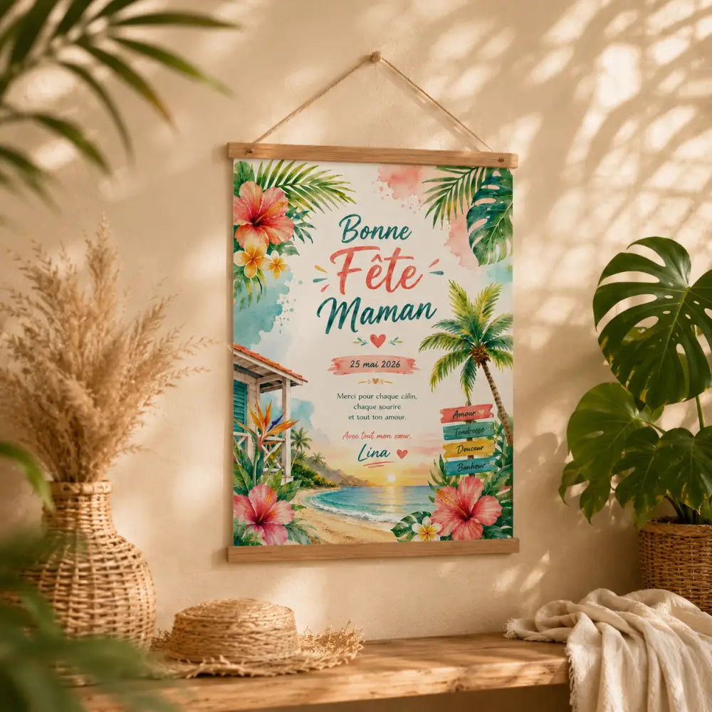 Tropical-themed framed poster ff with vibrant pink and yellow hibiscus flowers palm leaves beach scene and bonne fête maman text