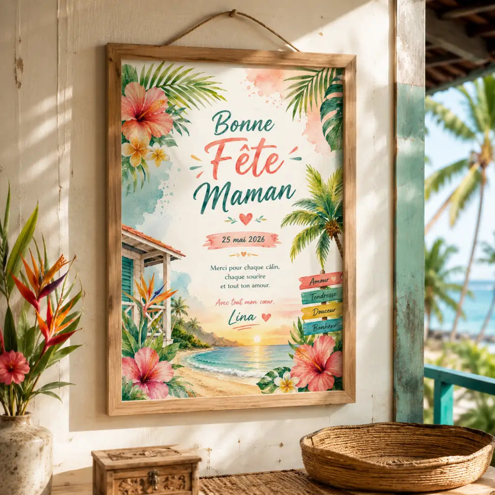 A framed tropical bonne fête maman poster with pink hibiscus flowers green palm leaves and a beach sunset scene
