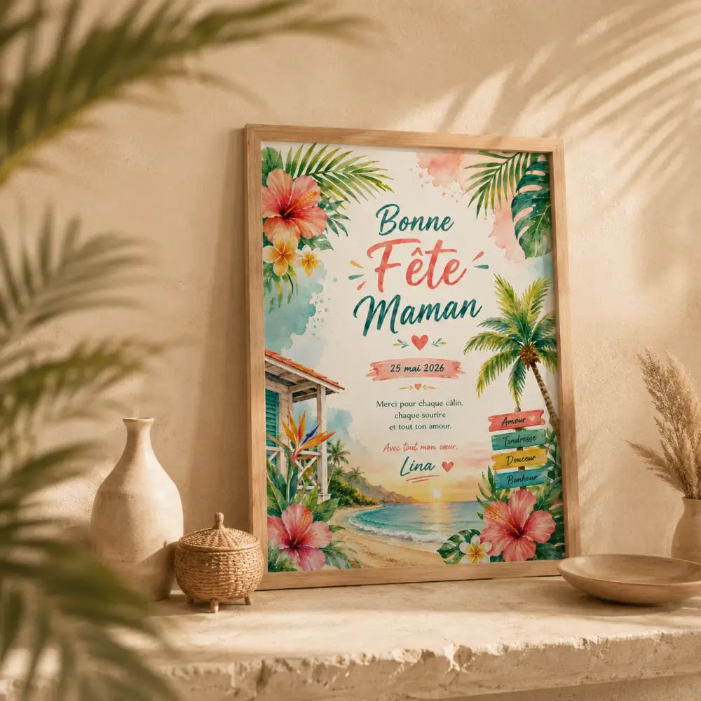 A framed tropical mother’s day poster with pink and yellow hibiscus flowers and green palm leaves titled ff
