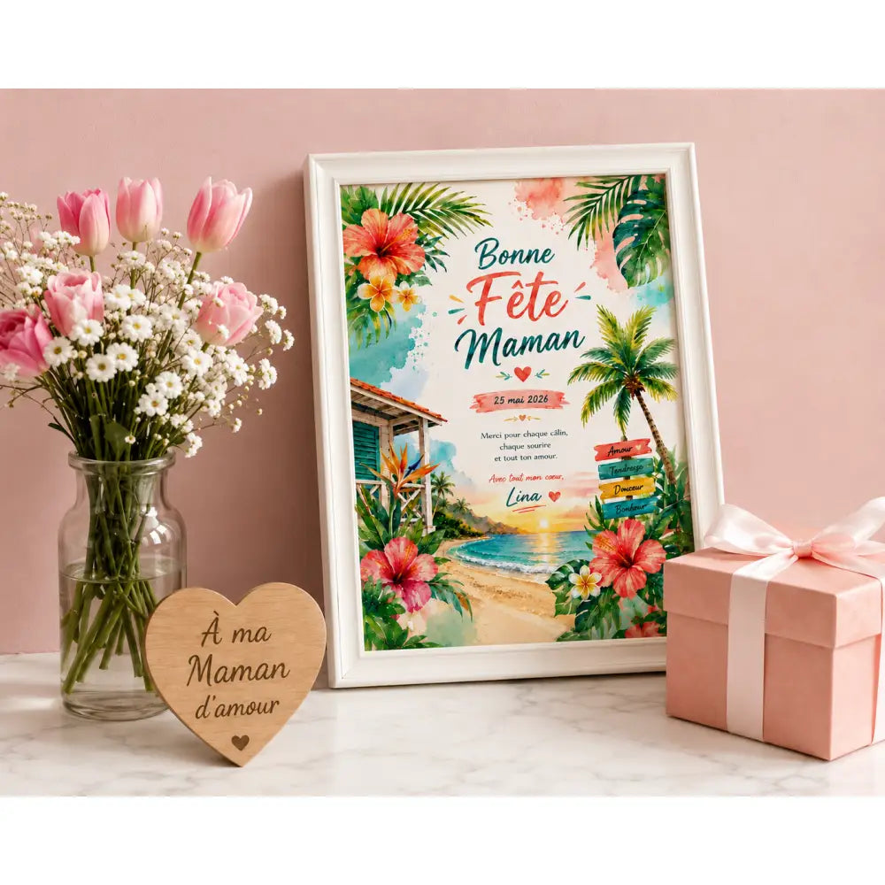 Affiche bonne fête maman personnalisée avec fleurs hibiscus roses et orange cadre tropical cadeau fête mères à imprimer