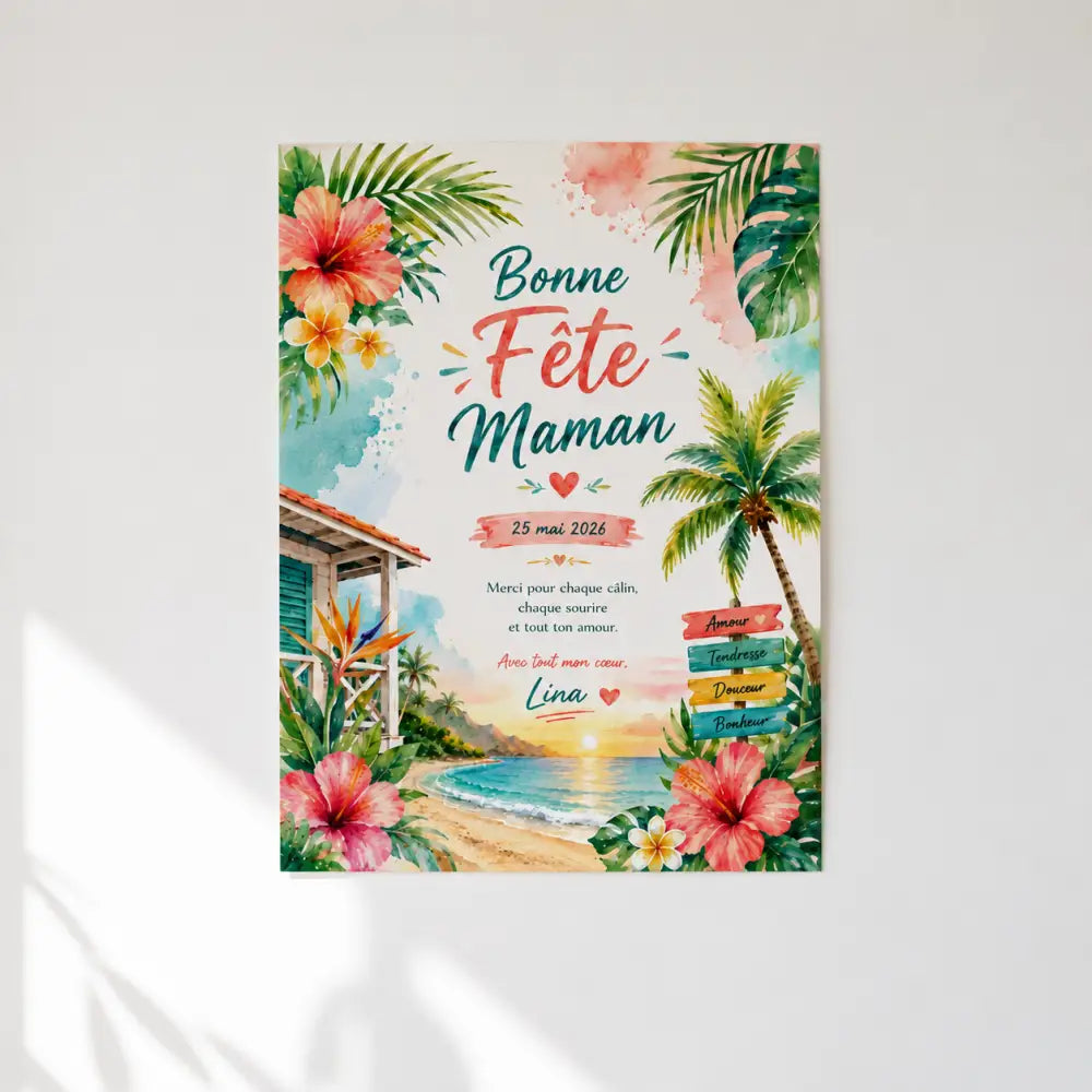 Carte de fête des mères ff tropicale avec fleurs d’hibiscus aquarelle et scène de plage colorée