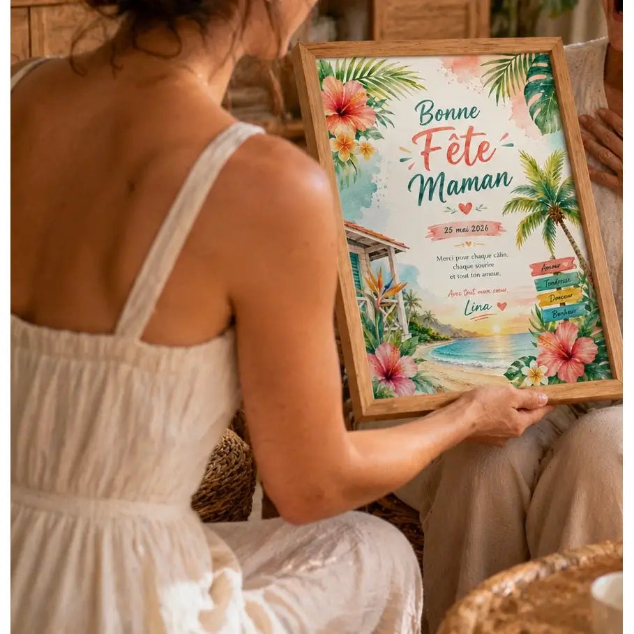 Un cadre carte de fête des mères ff à thème tropical avec illustrations florales roses et vertes et texte bonne fête maman élégant