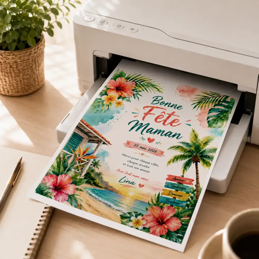 Carte de vœux bonne fête maman thème tropical avec hibiscus aquarelle palmiers et cabane de plage colorée
