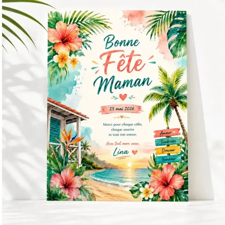Carte de fete des meres ff tropicale vibrante avec fleurs dhibiscus aquarelle palmiers et scene de plage avec cabane