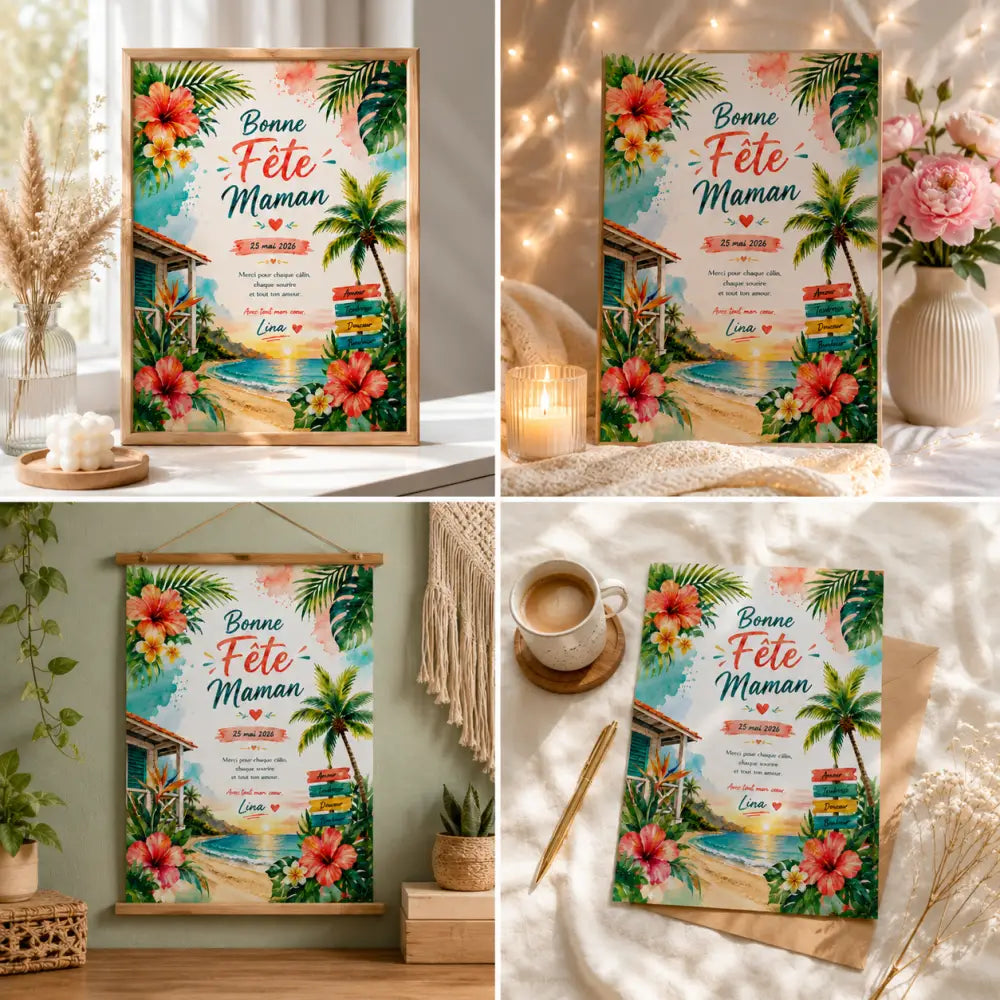 Affiche fête maman personnalisée avec hibiscus colorés, palmiers et cabane de plage sur papier aquarelle cadeau fête des mères à imprimer