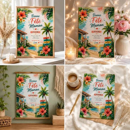 Affiche fête maman personnalisée avec hibiscus colorés, palmiers et cabane de plage sur papier aquarelle cadeau fête des mères à imprimer
