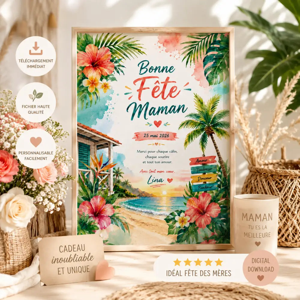 Affiche fête maman personnalisée avec fleurs aquarelles colorées et texte bonne fête maman cadeau fête 