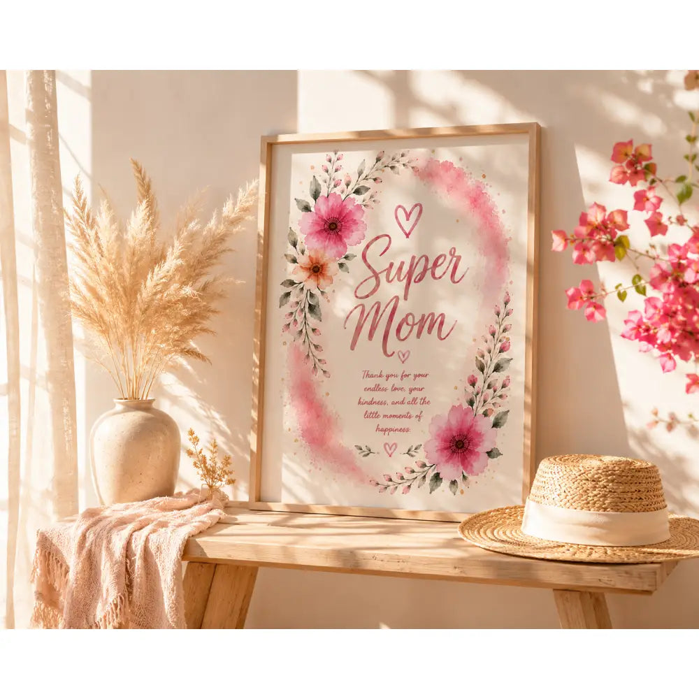 Un cadre affiche super maman à imprimer avec fleurs roses et pêche pour cadeau fête de mère pdf