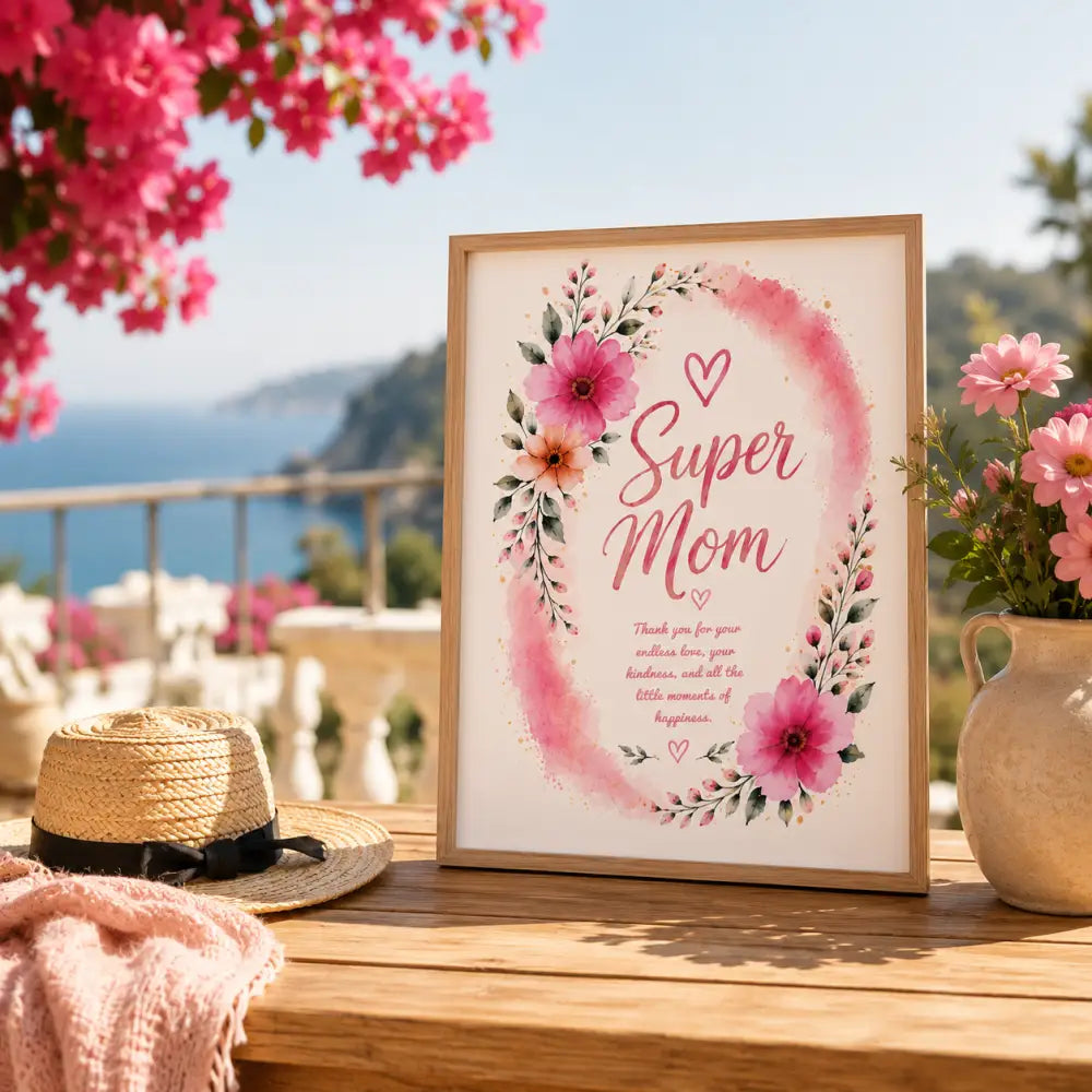 Affiche super maman à imprimer avec fleurs roses et cœurs en cadre bois clair pour cadeau fête de mère
