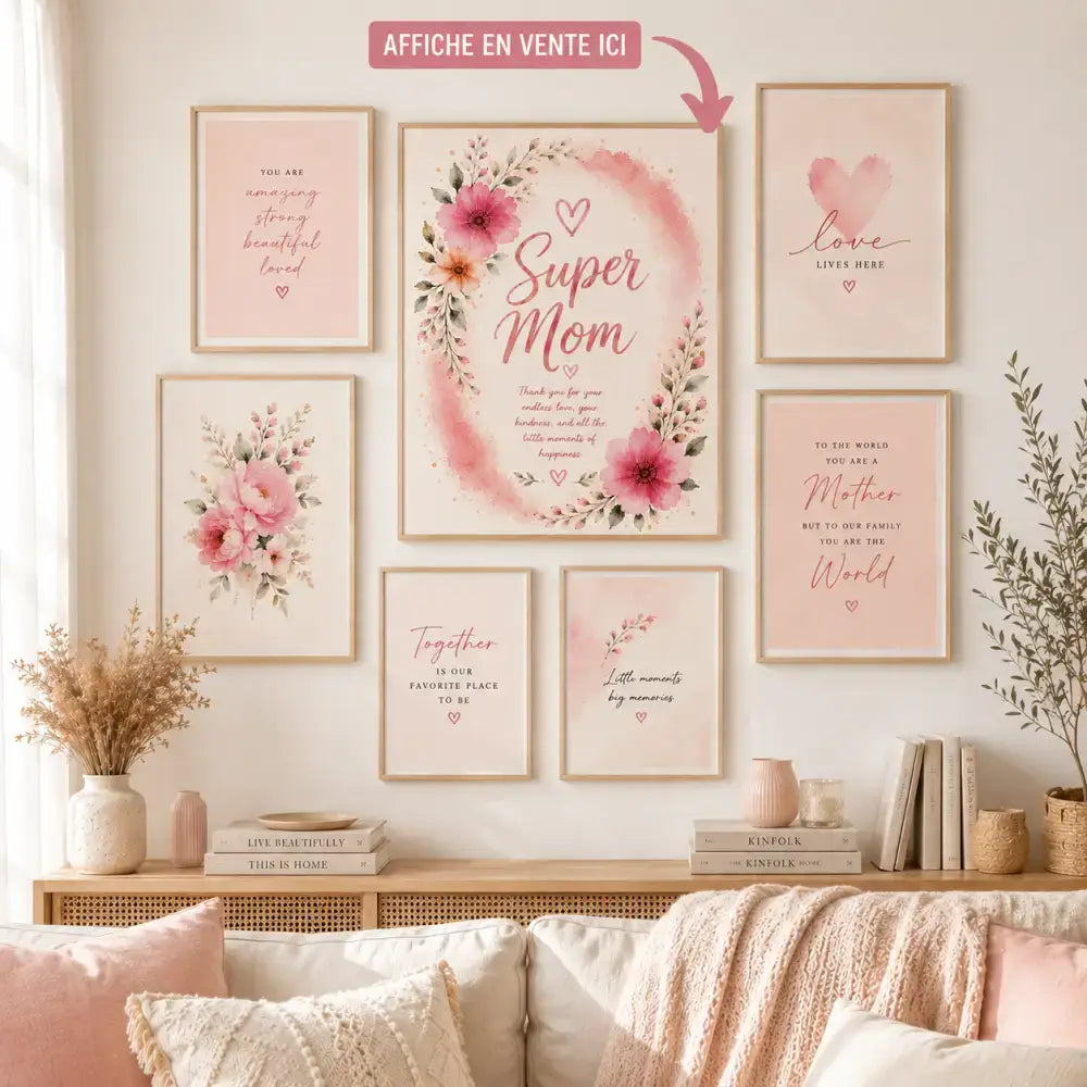 Affiche super maman fête de mère cadeau avec art mural floral aquarelle rose encadré en bois clair