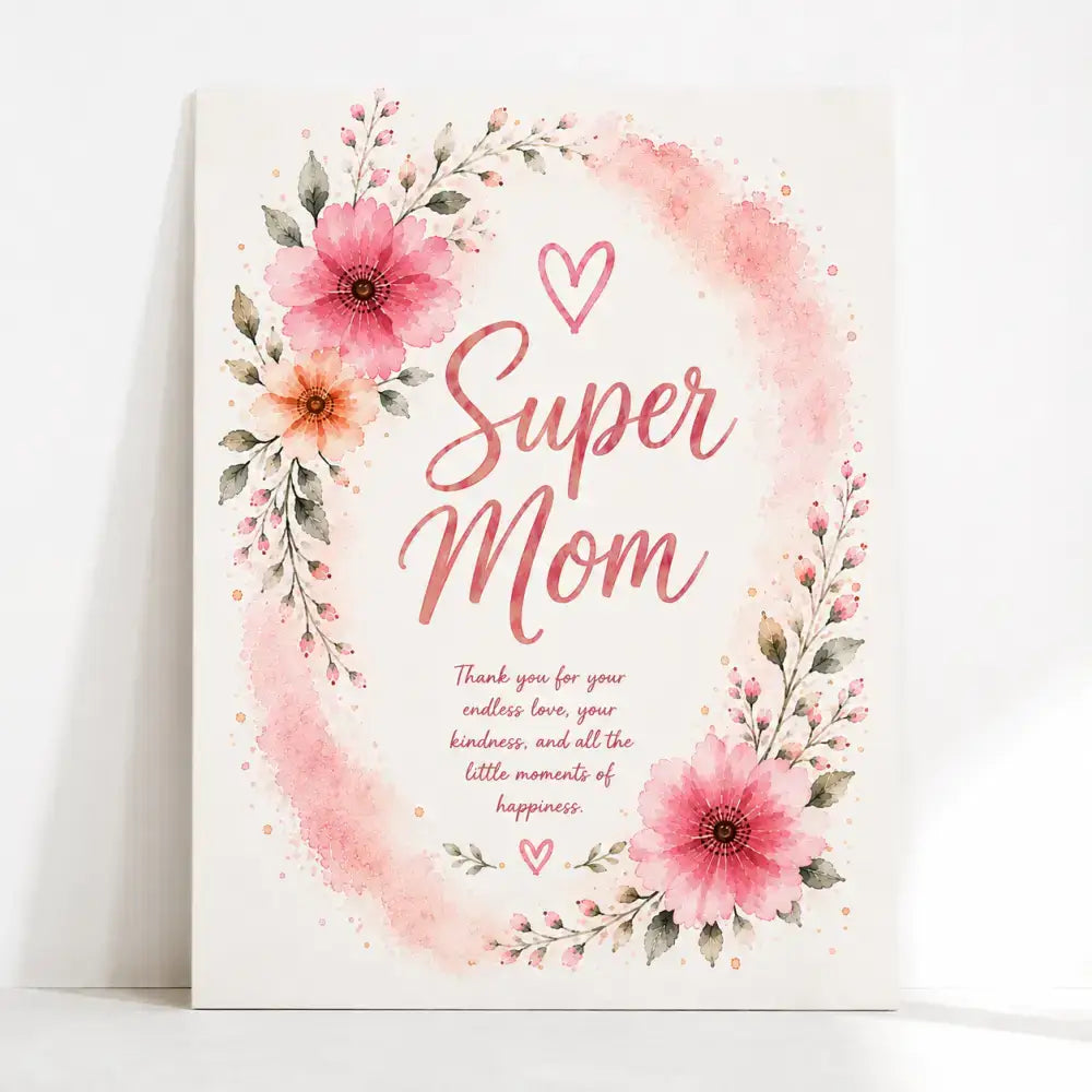 Affiche super maman douce rose à imprimer avec fleurs pour cadeau fête de mère pdf
