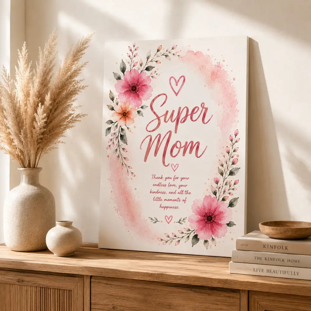 Toile imprimée en aquarelle rose doux avec fleurs délicates et texte super mom en écriture élégante