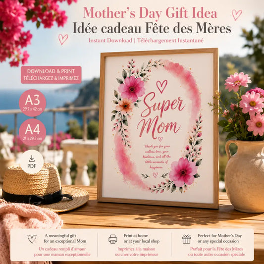 Affiche super maman à imprimer cadeau fête de mère avec fleurs roses et cœurs dans un cadre en bois clair