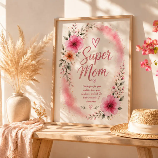 Affiche super maman à imprimer avec fleurs roses et texte cursif sur fond crème pour cadeau fête de mere