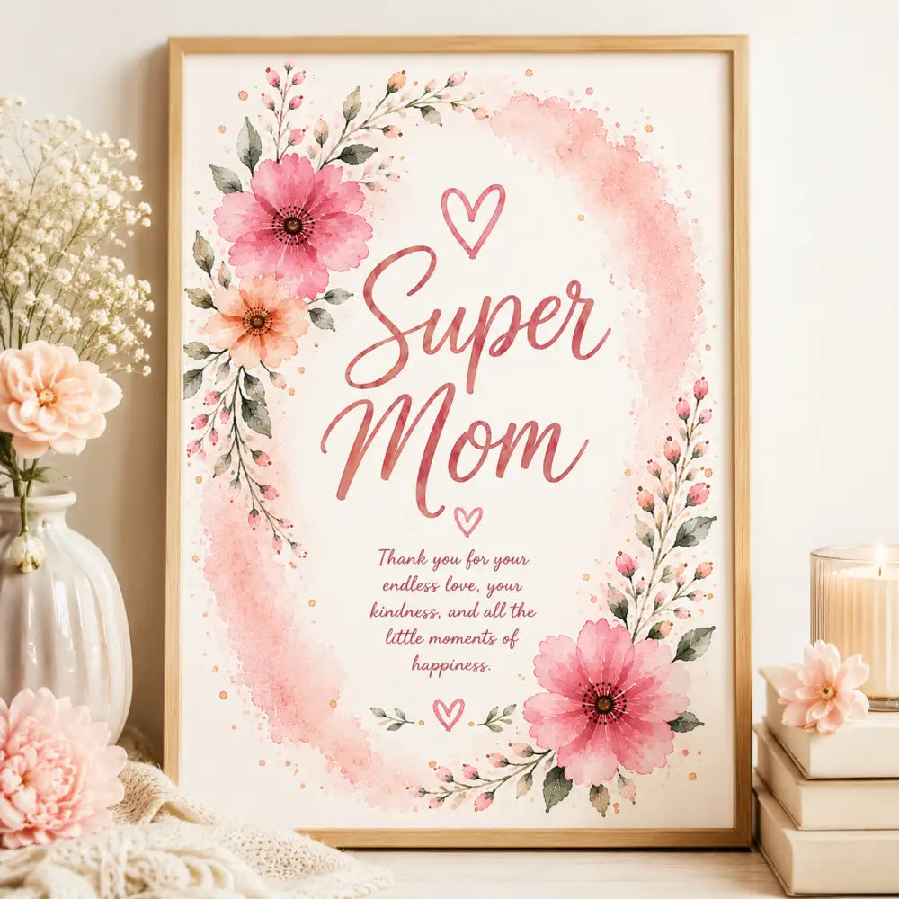 Un cadre rff super mom avec fleurs aquarelle rose et pêche sur fond blush doux