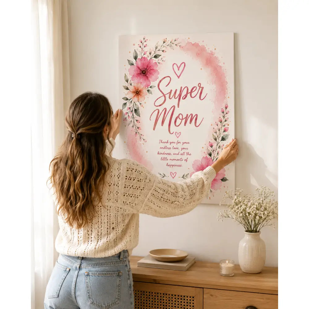 Toile artistique florale aquarelle rose pâle avec texte super mom en script élégant encadré de fleurs délicates rff