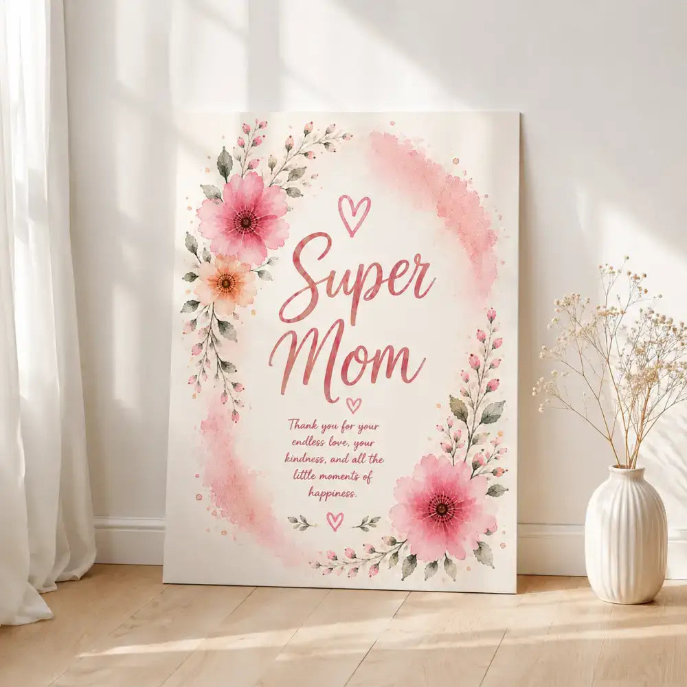 Affiche super maman à imprimer en aquarelle rose avec fleurs délicates pour cadeau fête de mère
