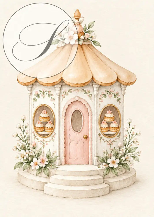 Cadeau naissance : affiche petite pâtisserie kiosque à porte rose et vitrines gourmandes, tons crème et rose poudré